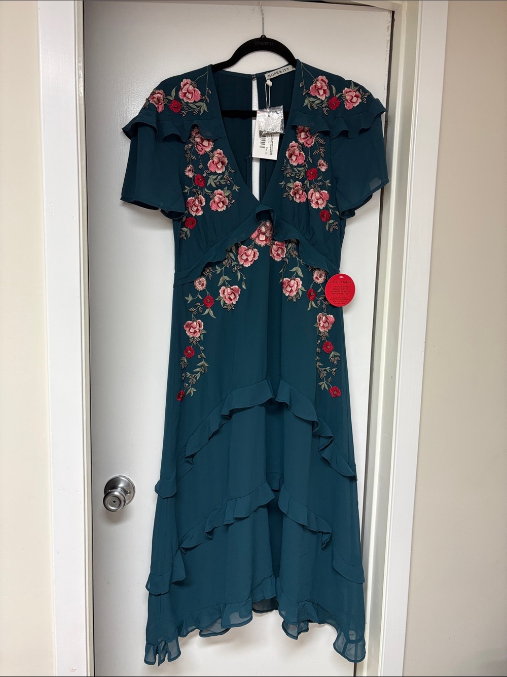 Embroidered Teal High-Low Ruffle Dress